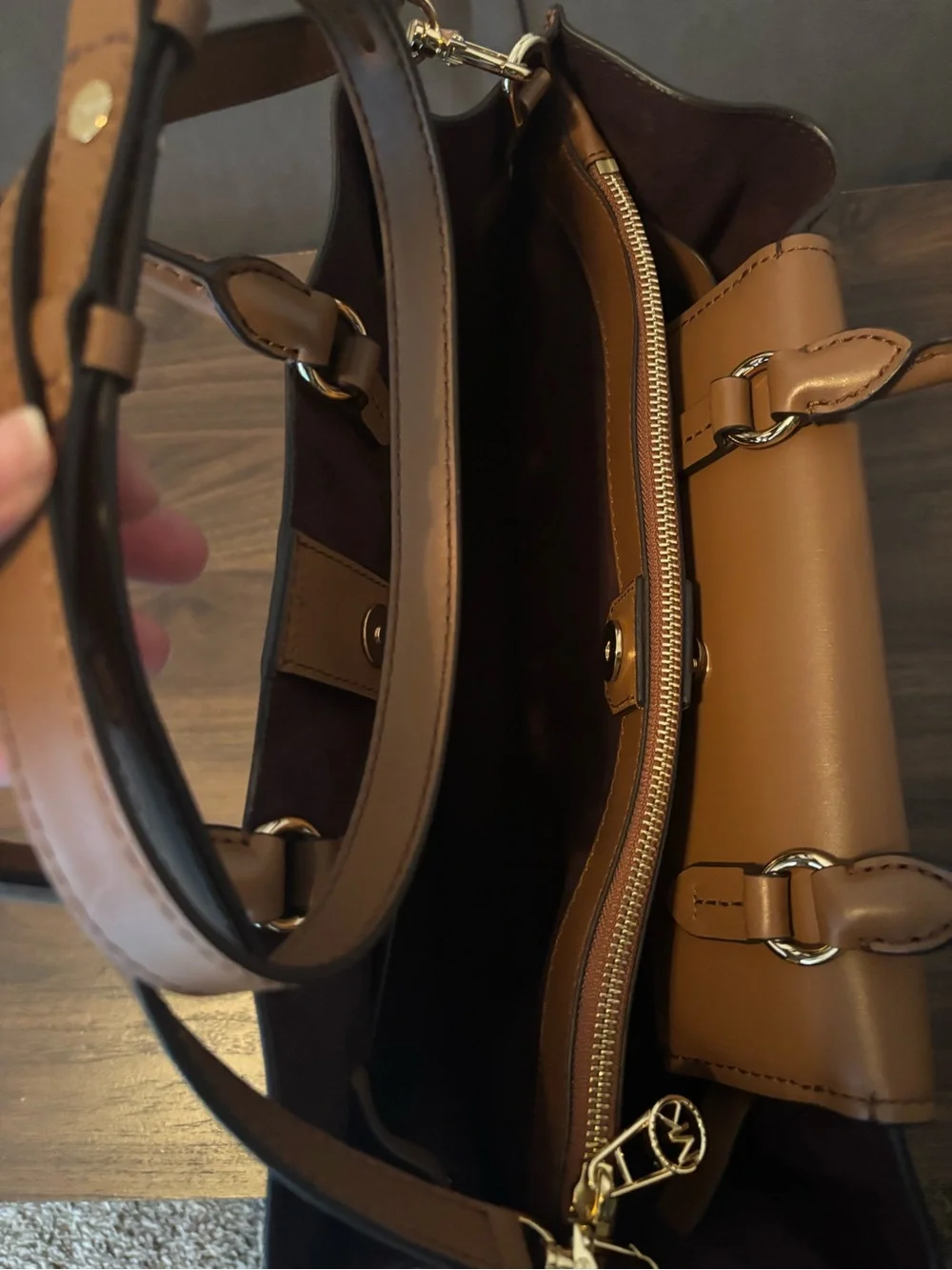 Michael Kors Camel Leather Satchel with Gold Chain Accent
